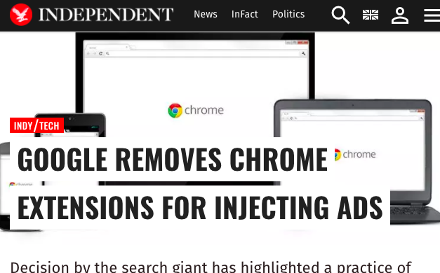 Chrome extensions injects adverts into users’ browsers.